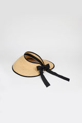 Beige raffia and black trimmed ribbon tie bonnet