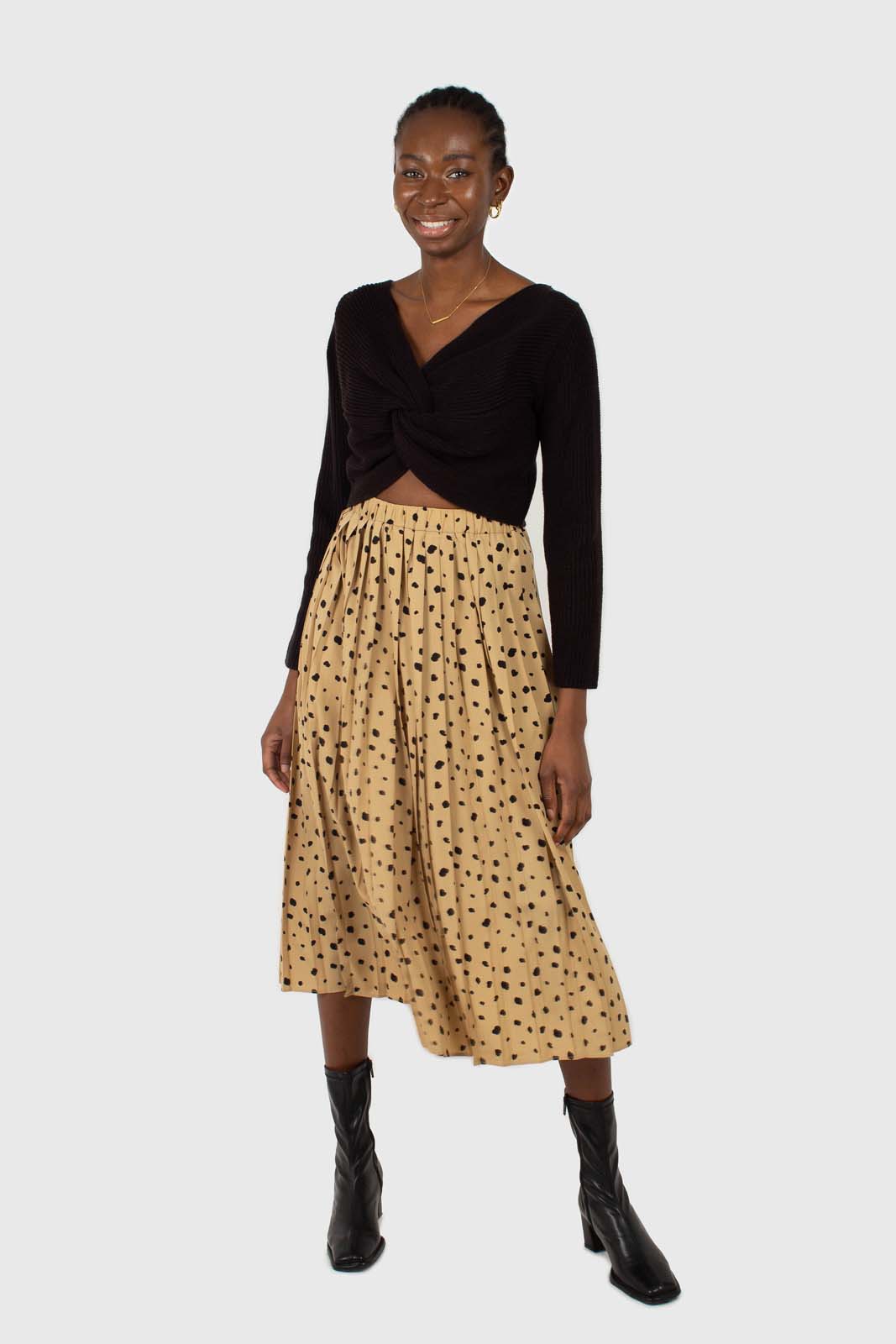 Beige and black leopard print pleated midi skirt