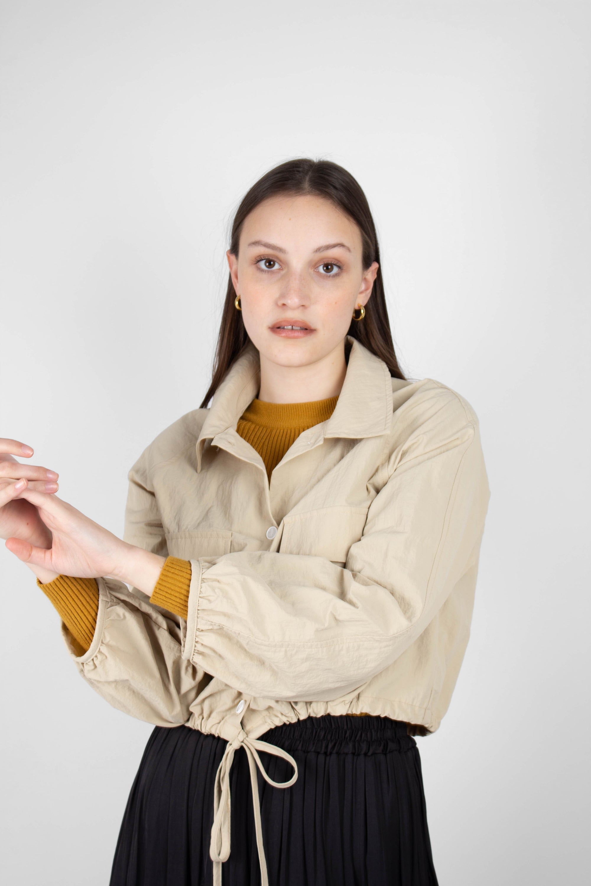 Beige drawstring hem shirt jacket