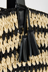 Black and beige striped straw tote bag