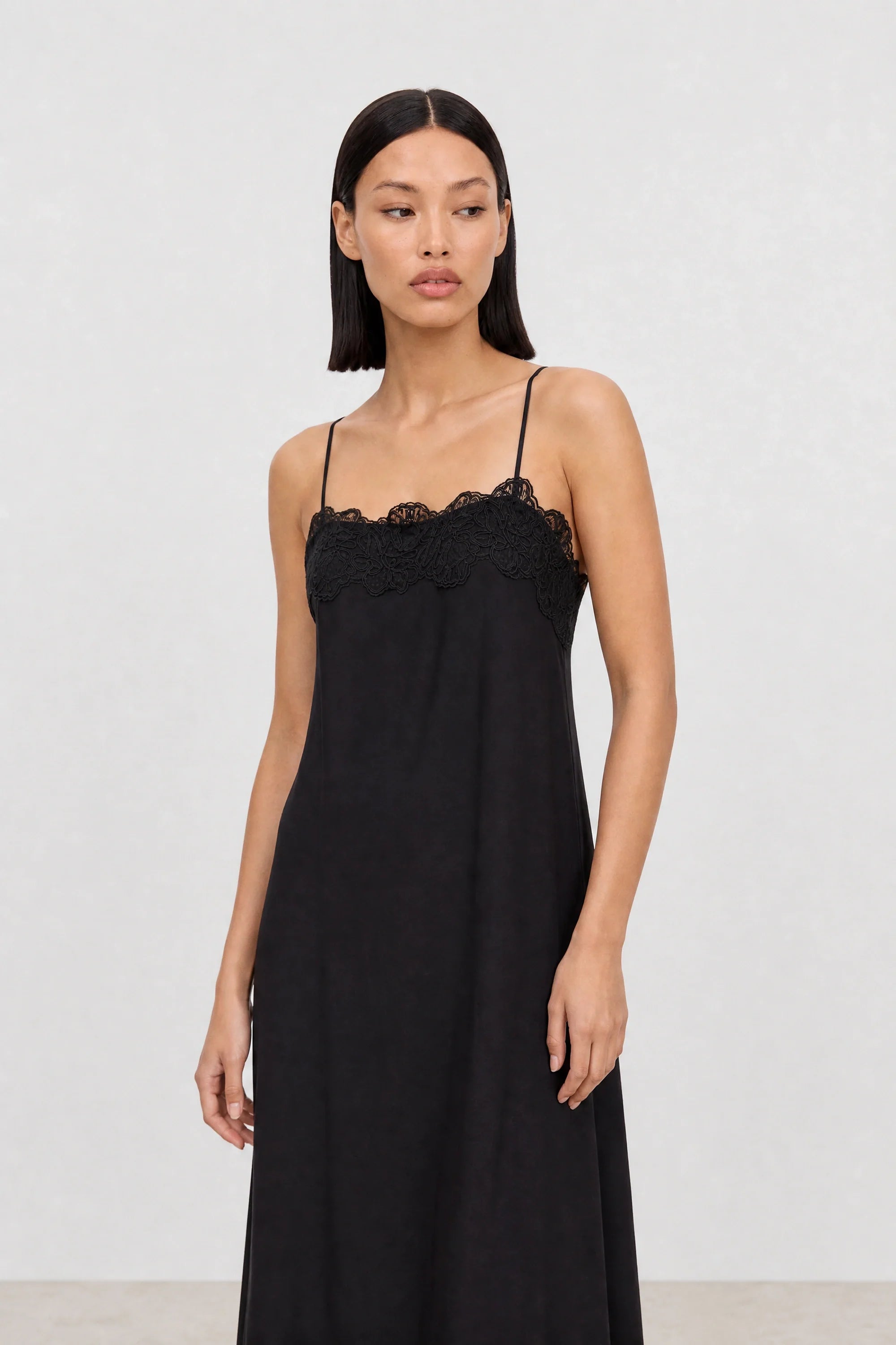 Black and black lace hidden pocket maxi dress