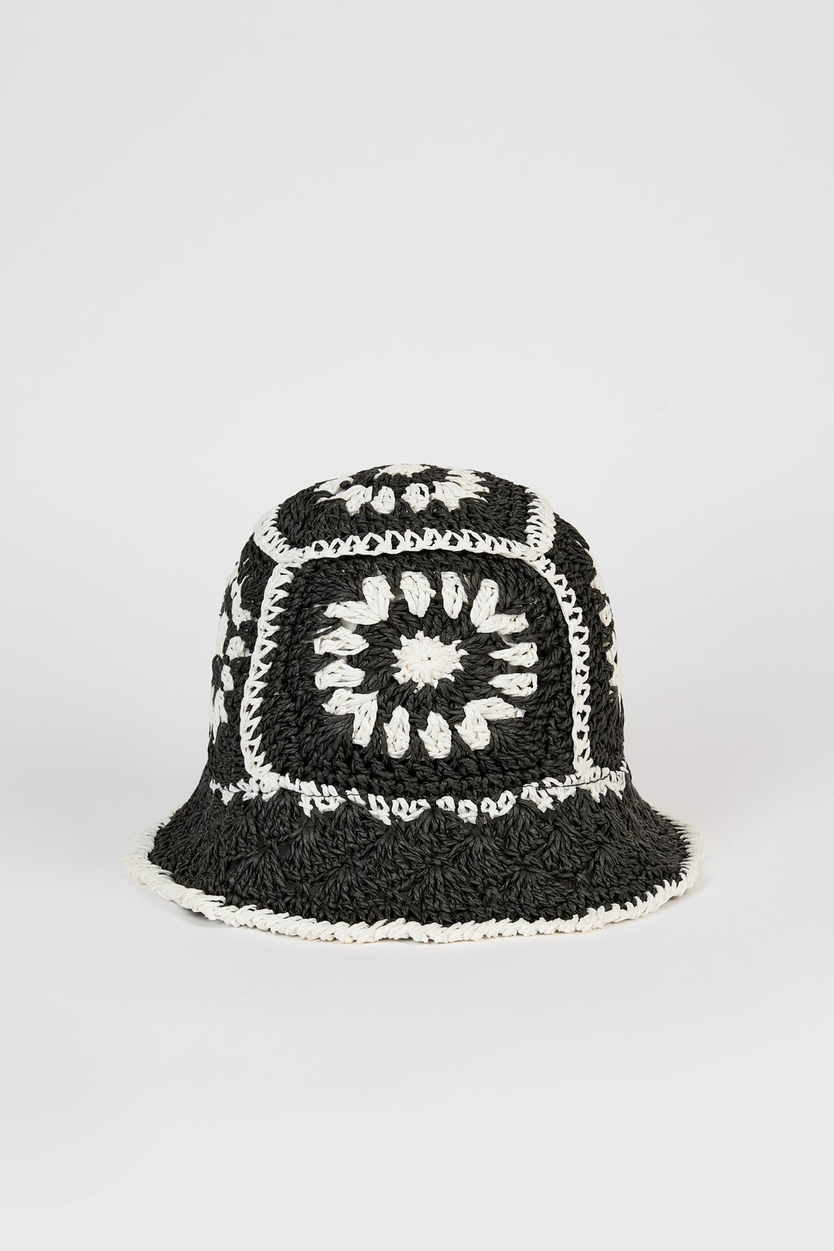 Black and ivory crochet straw bucket hat