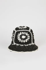 Black and ivory crochet straw bucket hat