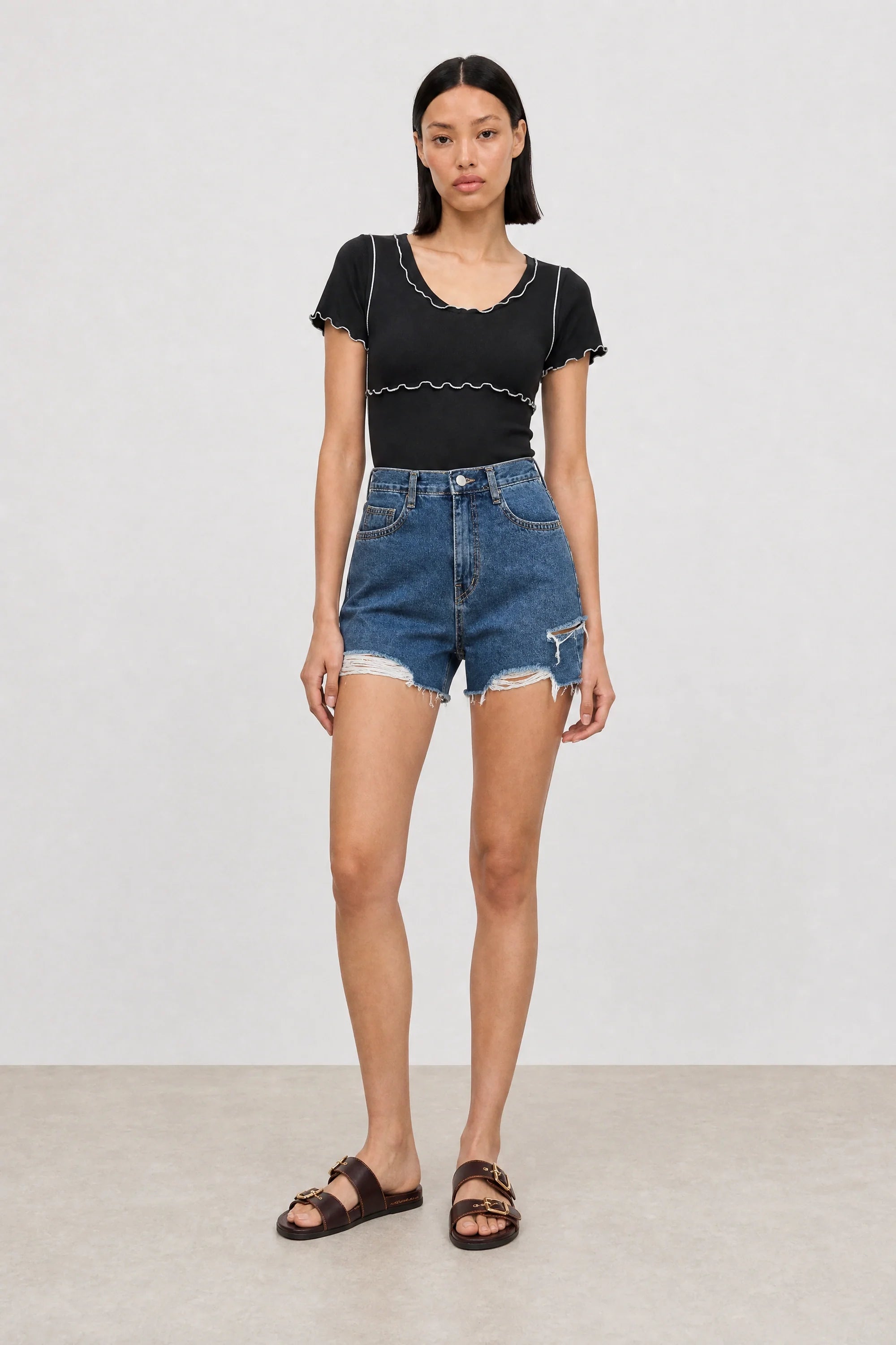 Black and white lettuce trim double layer tank tee