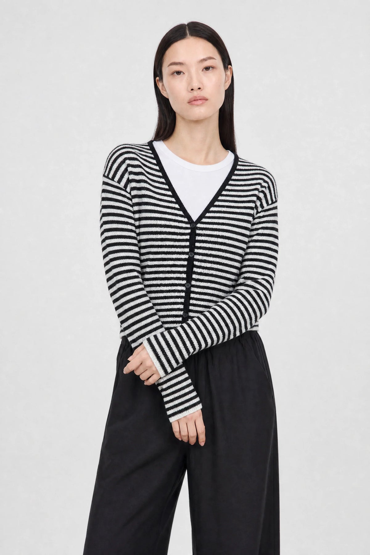 Black and white linen blend thin striped contrast trim cardigan