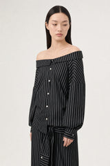 Black and white vertical striped draped neck shirt blouse