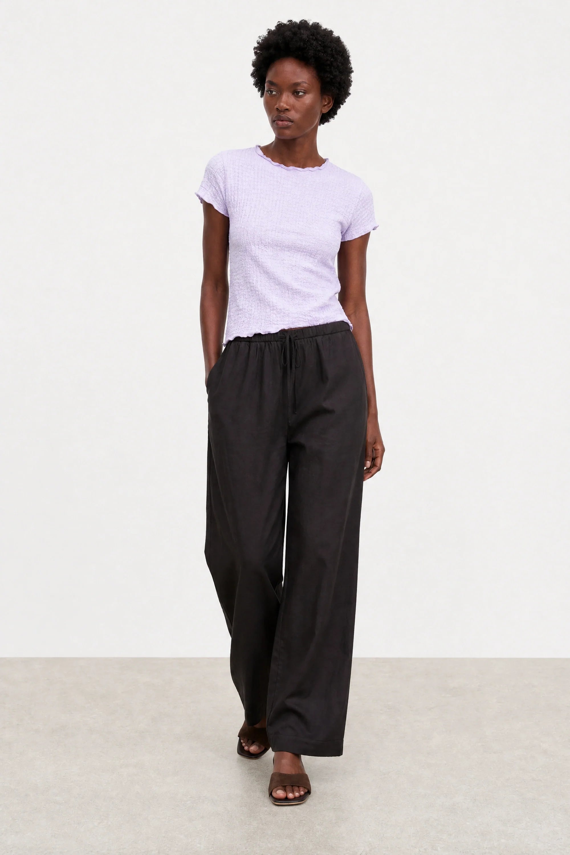 Black floaty wide leg drawstring trousers