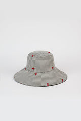 Black gingham embroidered cherry reversible sun hat