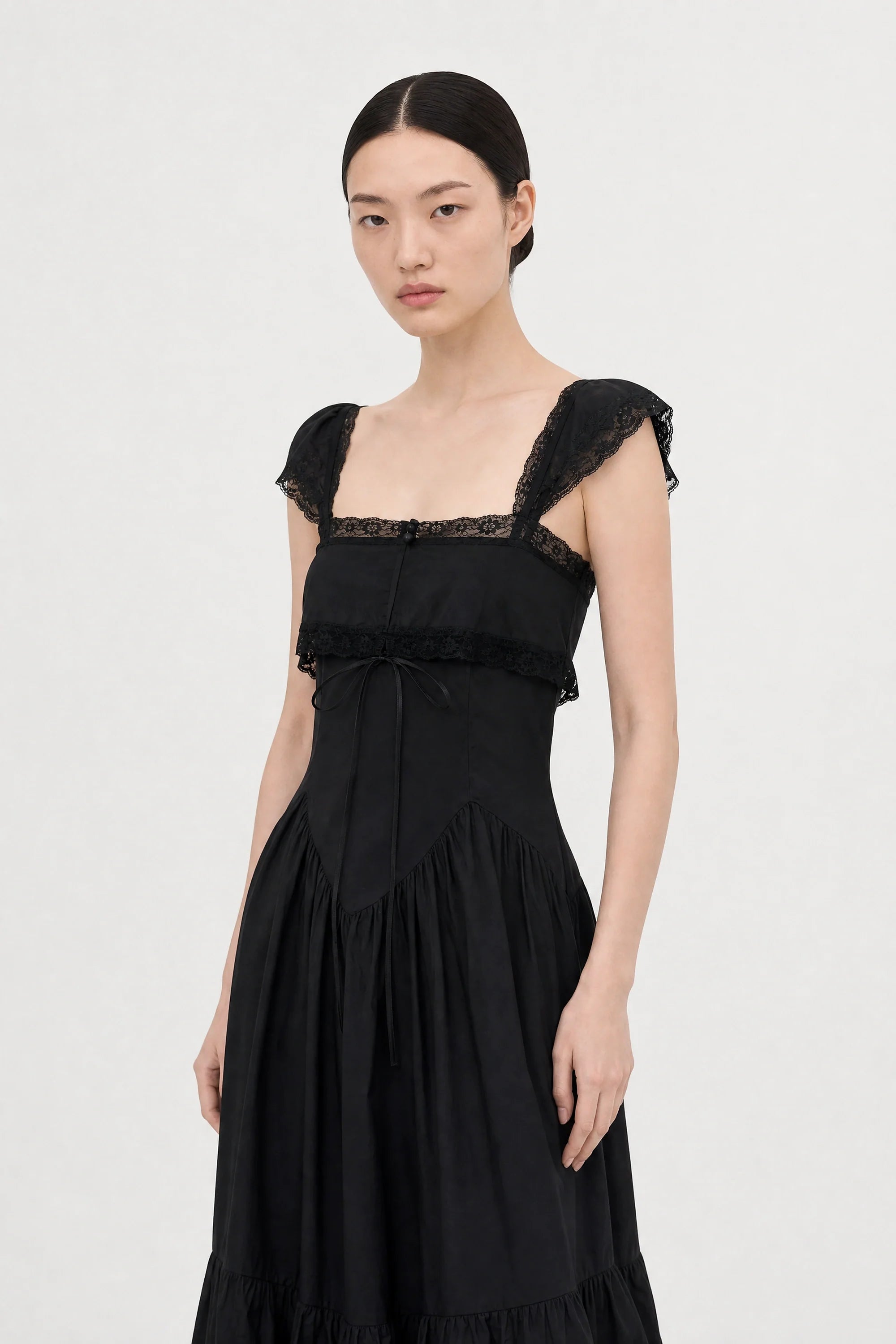 Black lace trim ruffle hem dress