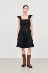 Black lace trim ruffle hem dress