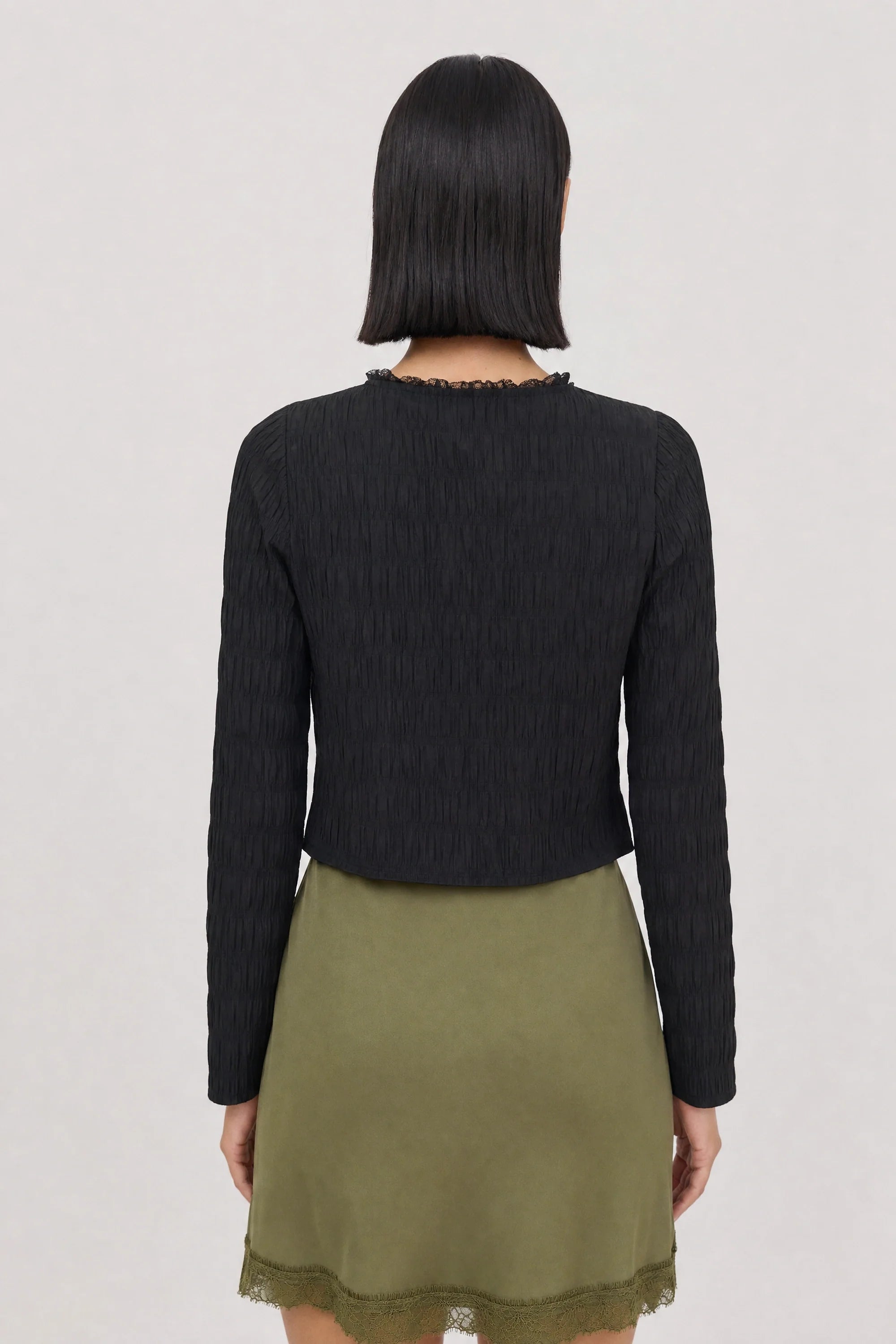 Black lace trimmed tie front semi sheer cardigan