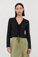 Black lace trimmed tie front semi sheer cardigan
