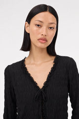 Black lace trimmed tie front semi sheer cardigan