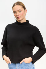 Black micro ribbed mock neck top