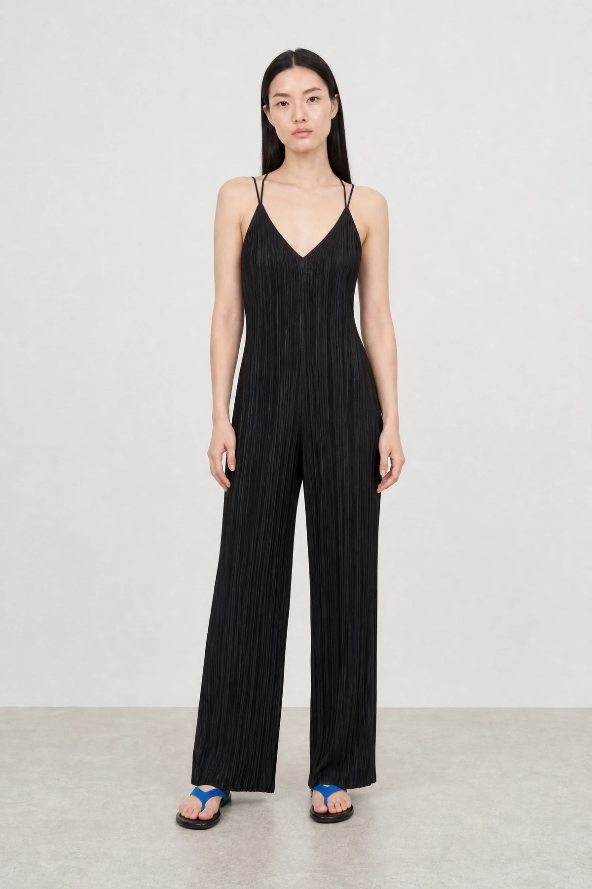 Black ribbed spaghetti strap jumpsuit