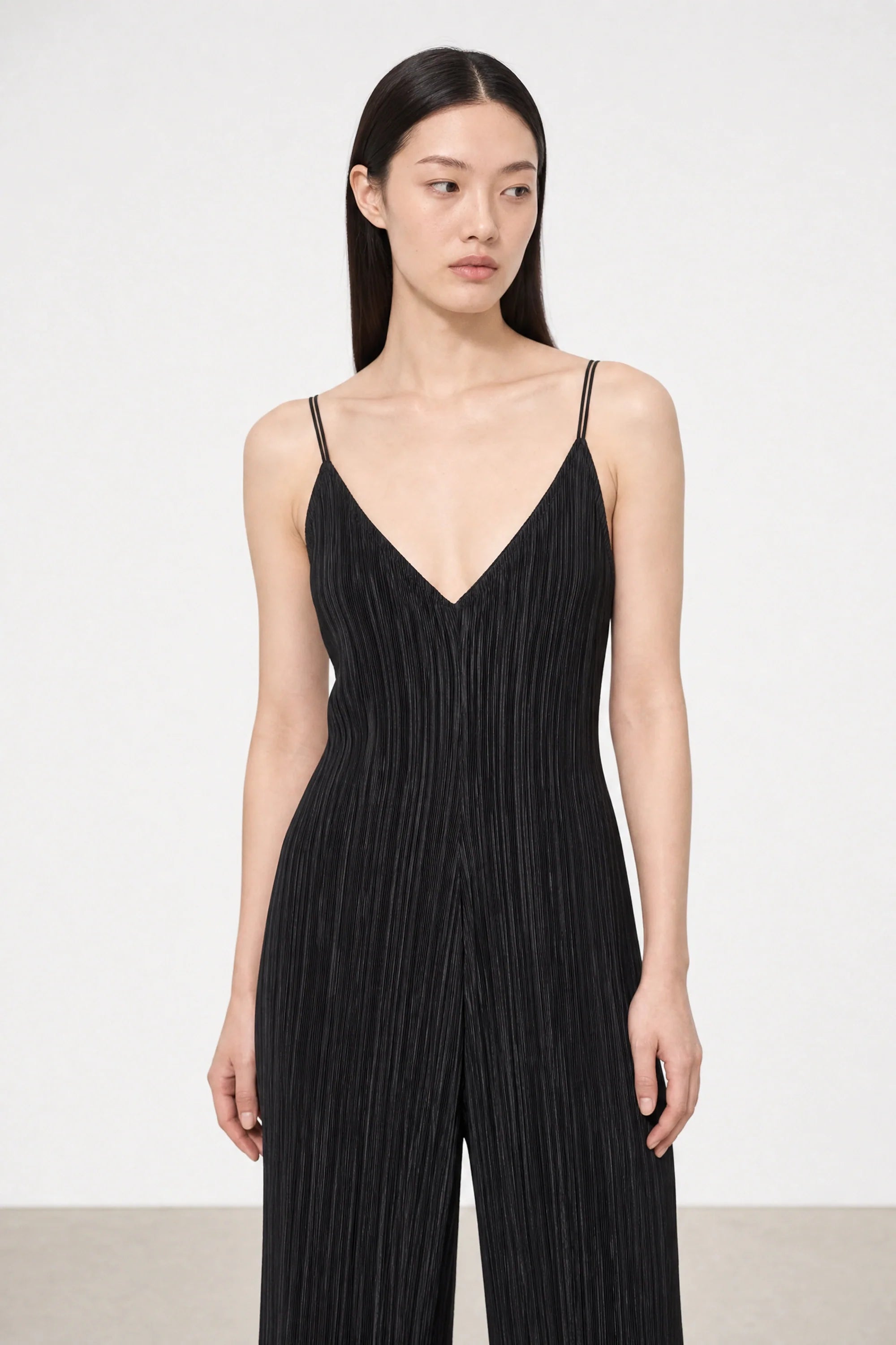 Black ribbed spaghetti strap jumpsuit