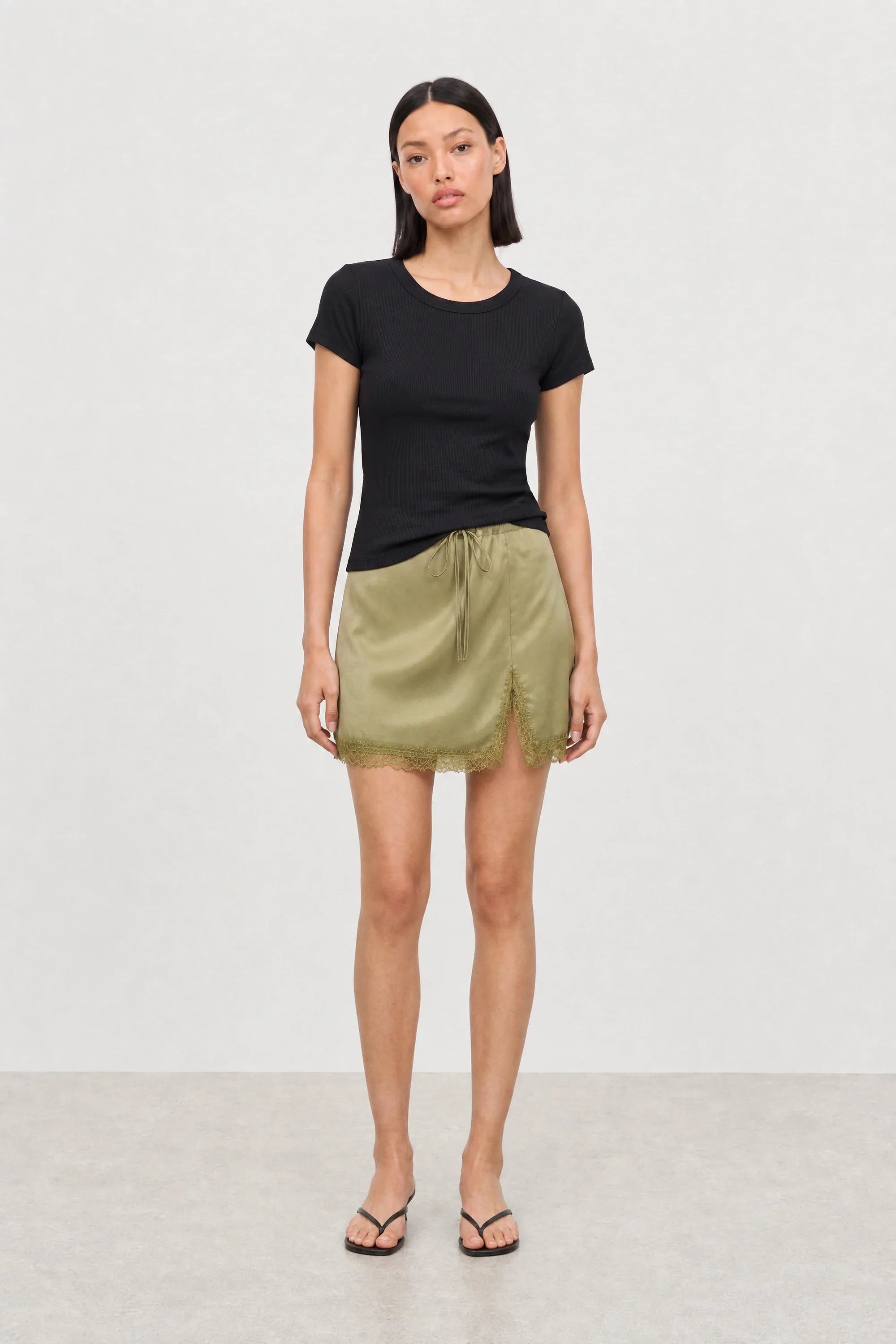 Black semi sheer jersey vertical seam tee
