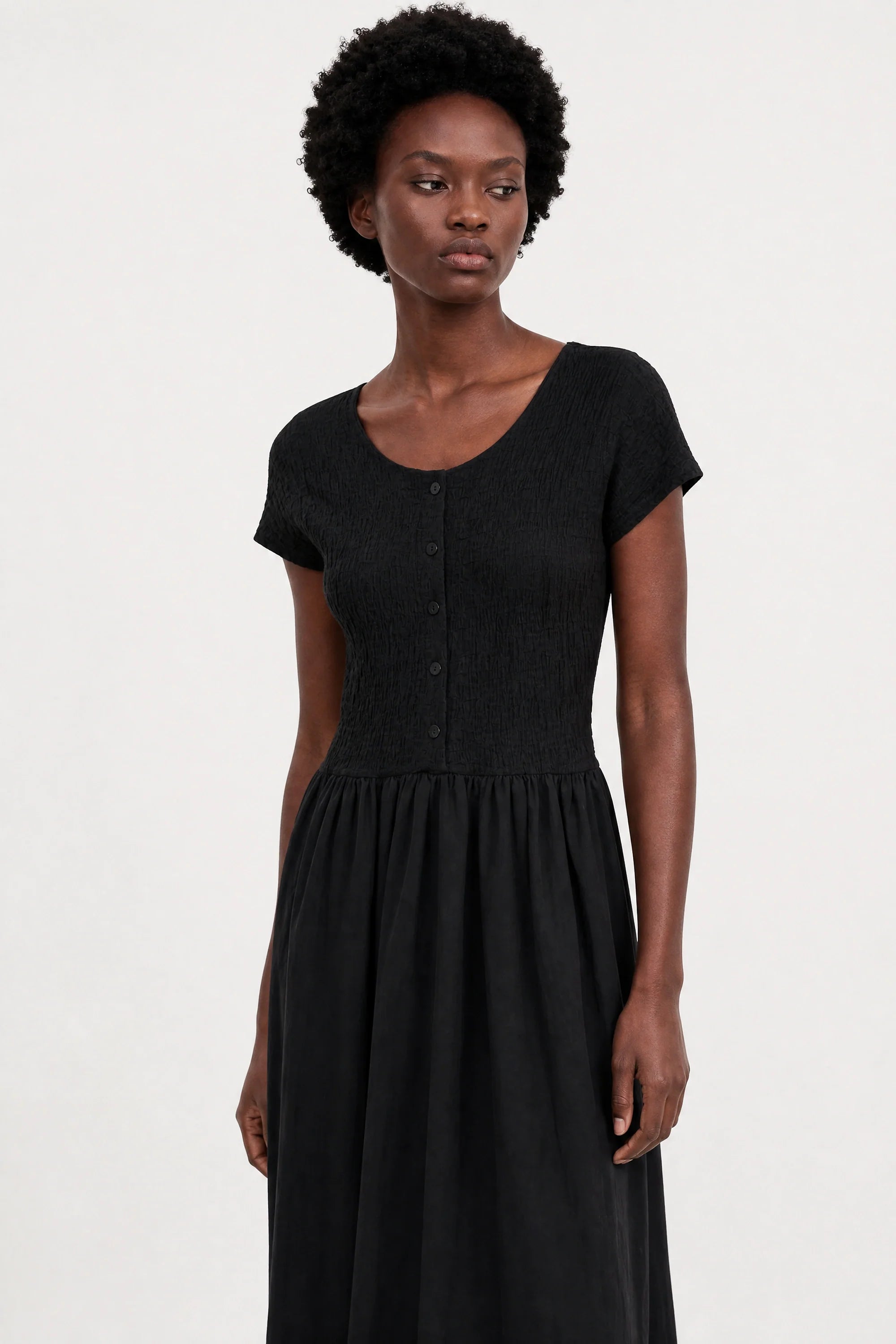 Black textured button up bodice dress