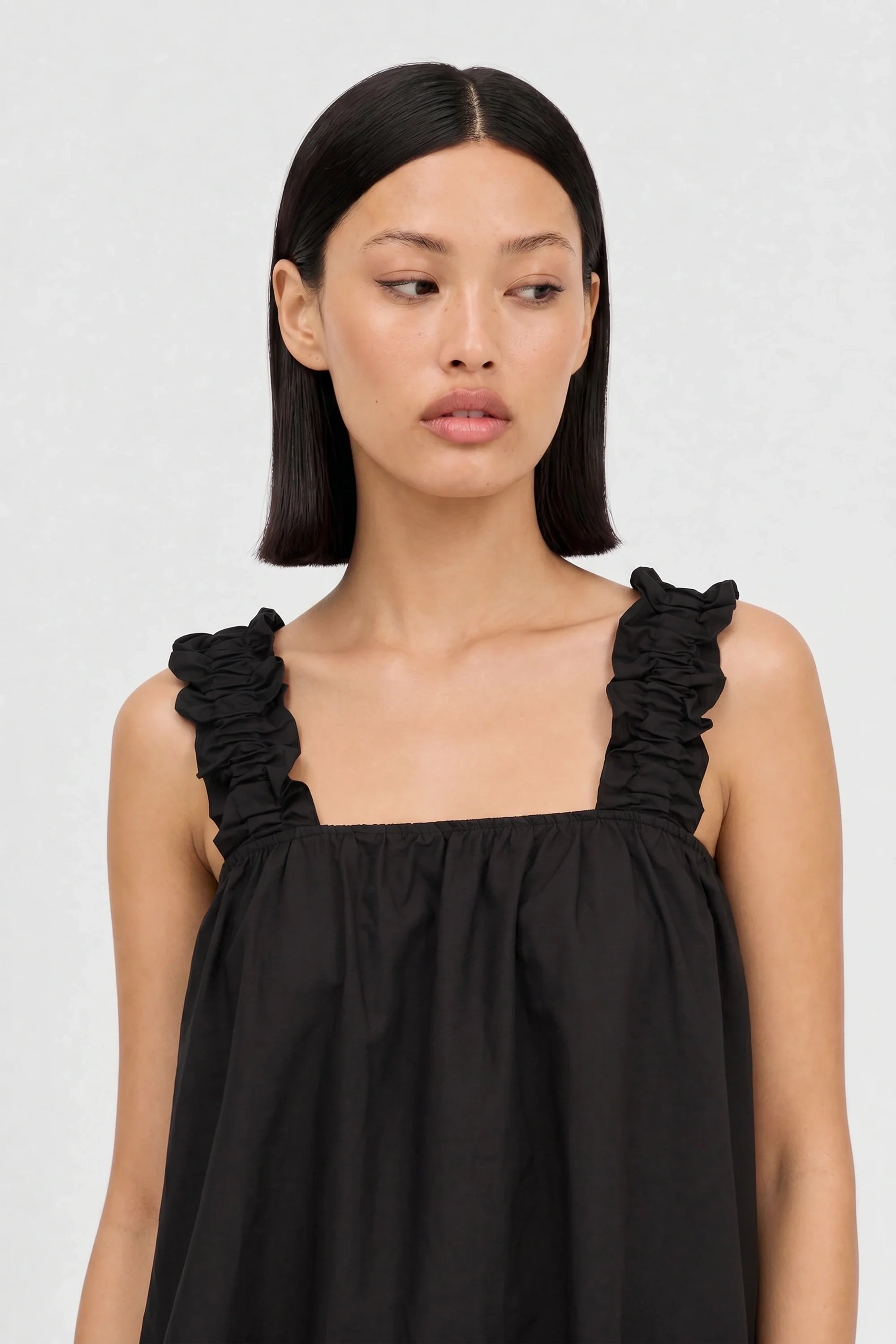 Black thick ruched strap tank blouse