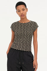 Black and ivory diagonal checked scrunched tee