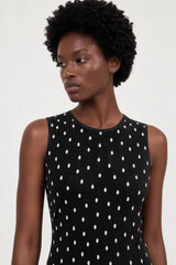 Black and ivory polka dot ribbed sleeveless column dress