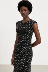 Black and ivory polka dot ribbed sleeveless column dress
