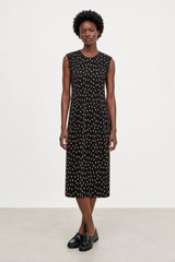 Black and ivory polka dot ribbed sleeveless column dress