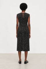 Black and ivory polka dot ribbed sleeveless column dress