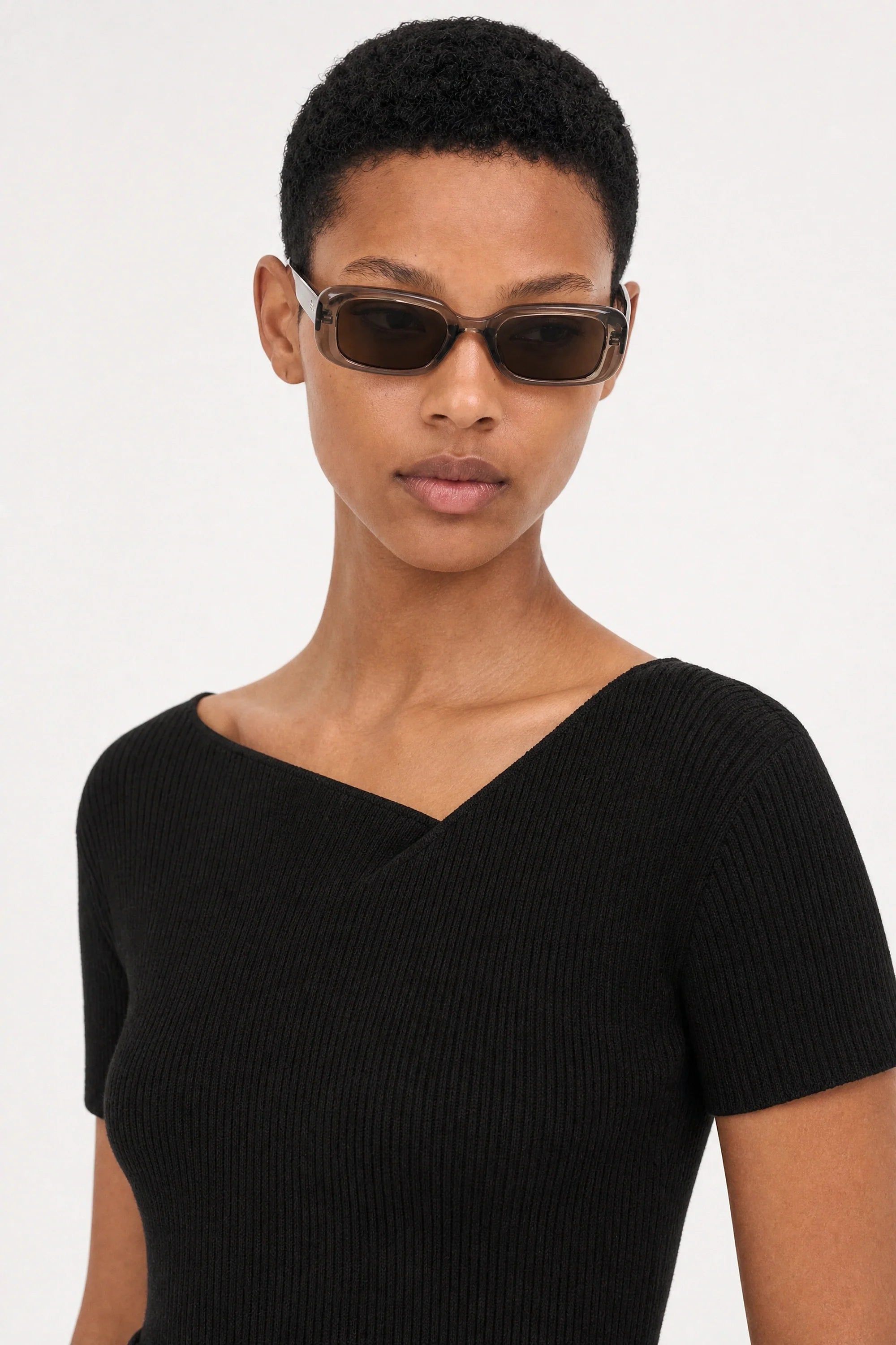 Black ribbed asymmetric neckline knit tee