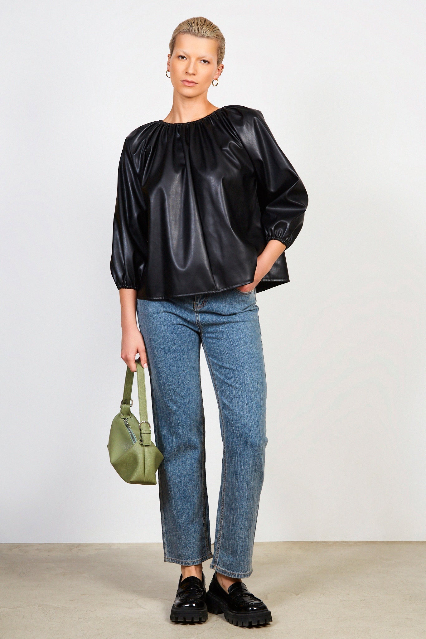 Black ruched neck long sleeved vegan leather top