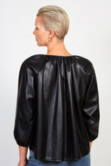 Black ruched neck long sleeved vegan leather top