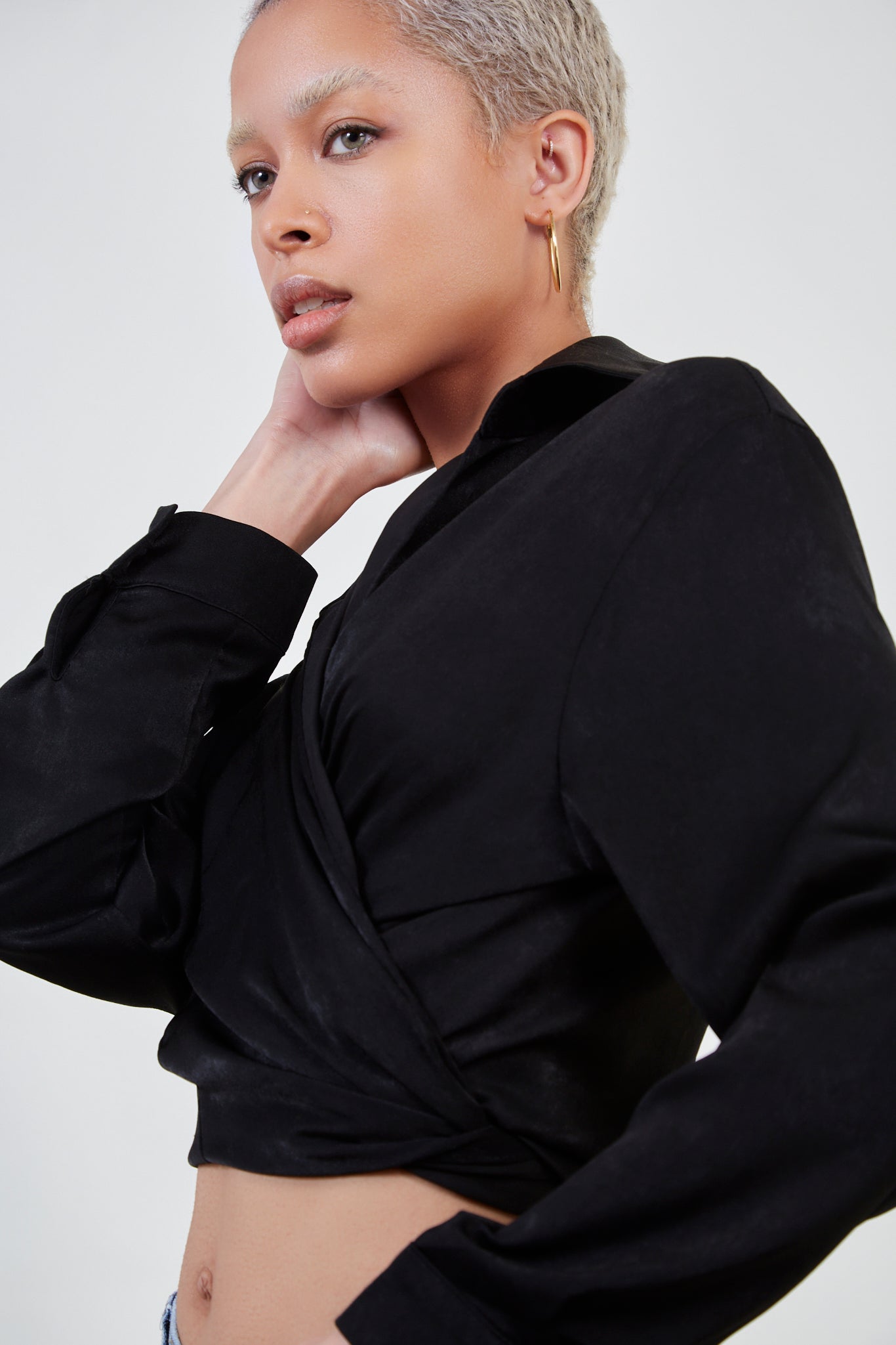 Black silky plunging tie front shirt