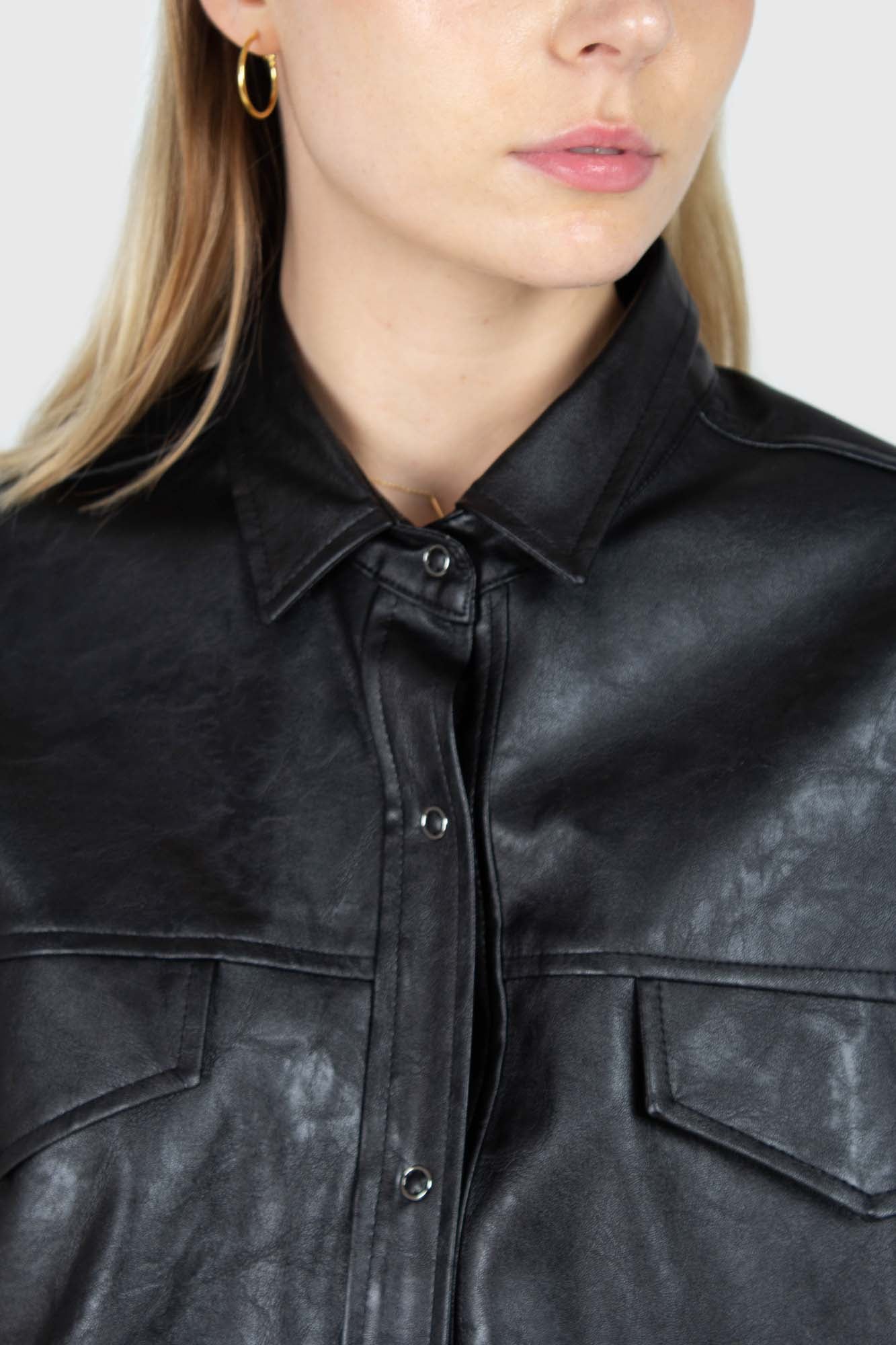 Black vegan leather belted shirt jacket