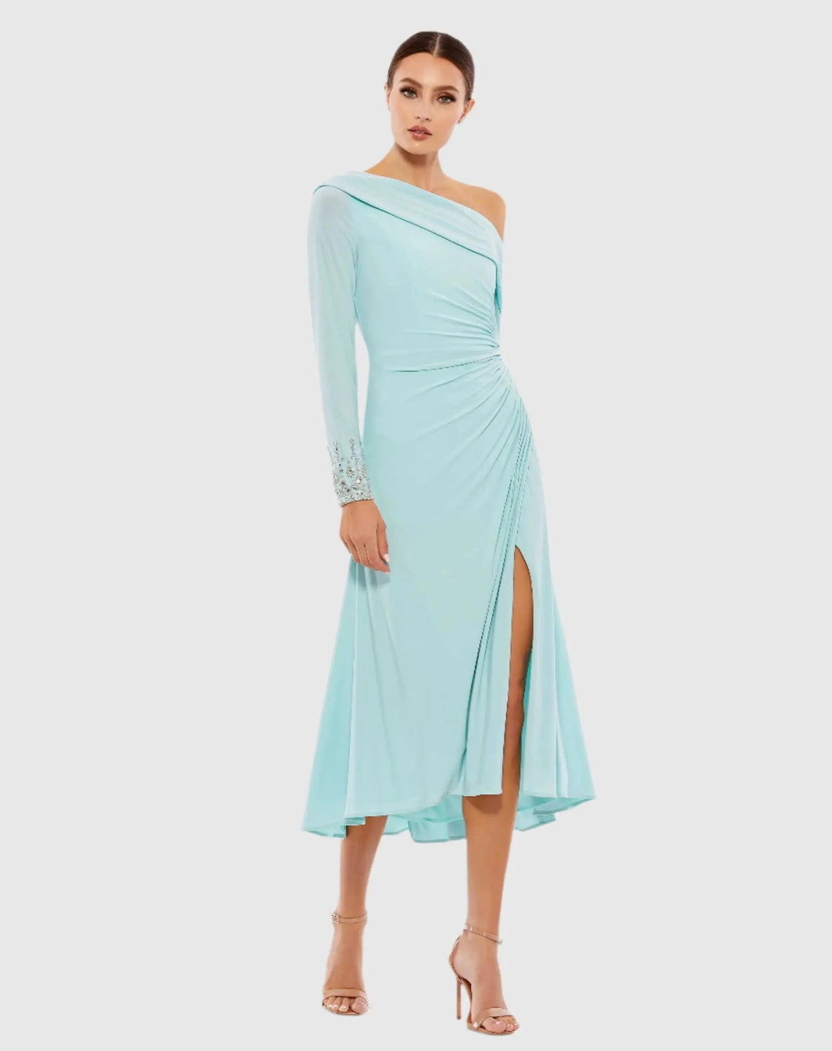 Blue Foldover Long Sleeve Jeweled Midi Dress