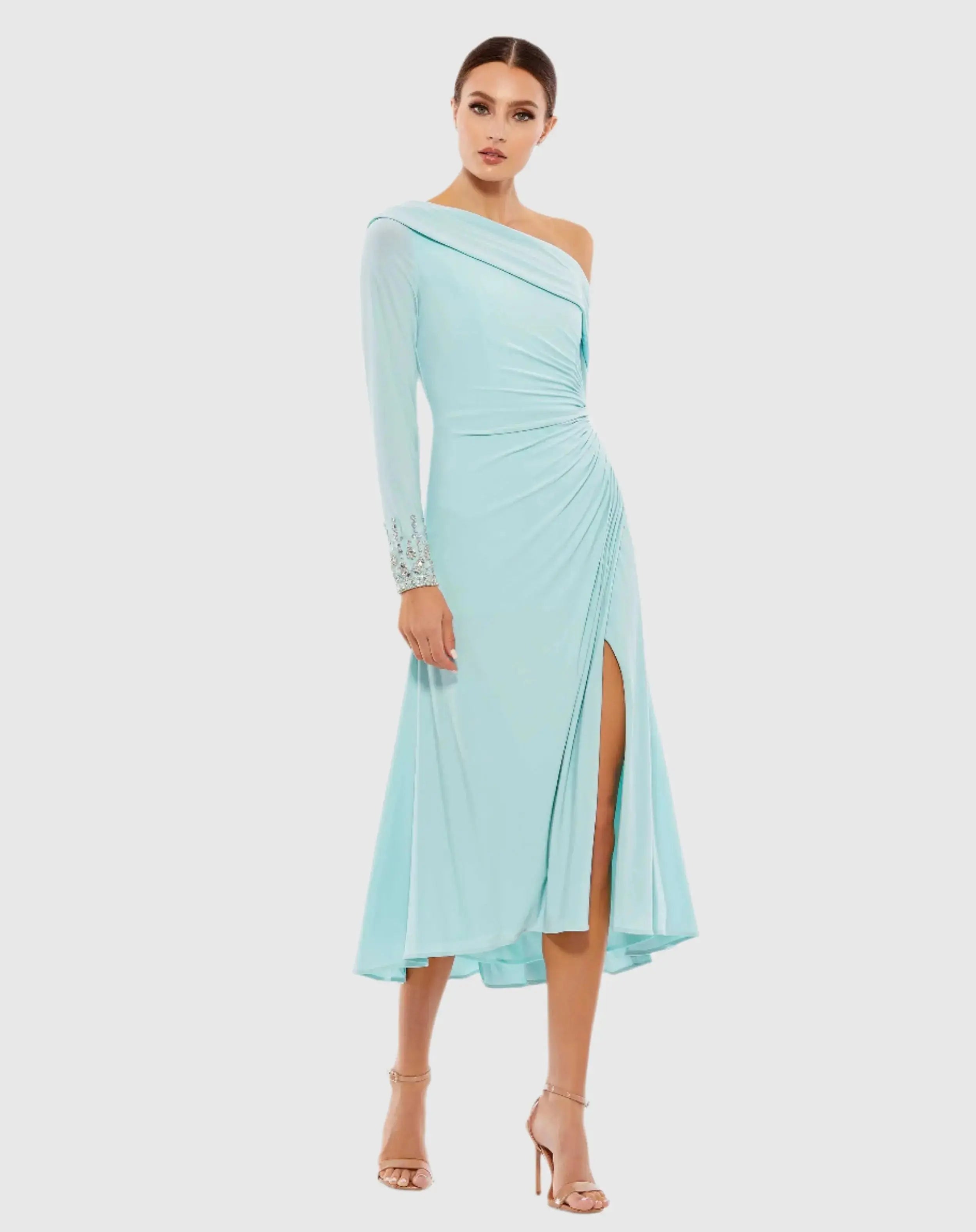 Foldover Long Sleeve Jeweled Midi Dress