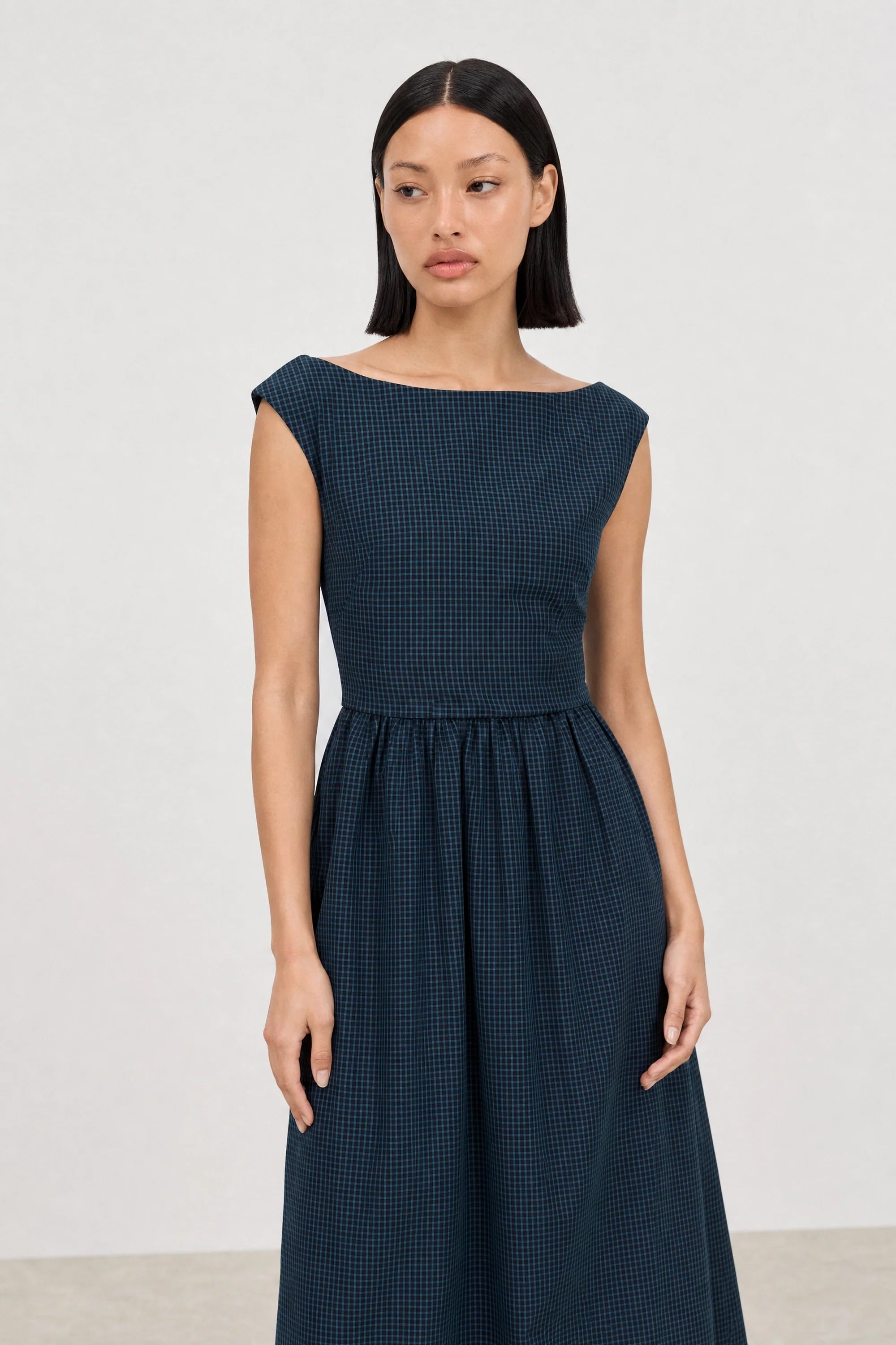 Blue and black tiny checked tie waist dress