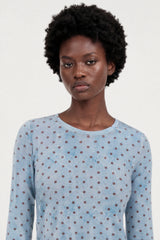 Blue and burgundy polka dot semi sheer long sleeve top