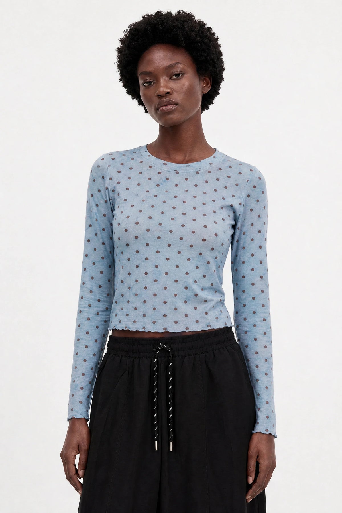 Blue and burgundy polka dot semi sheer long sleeve top