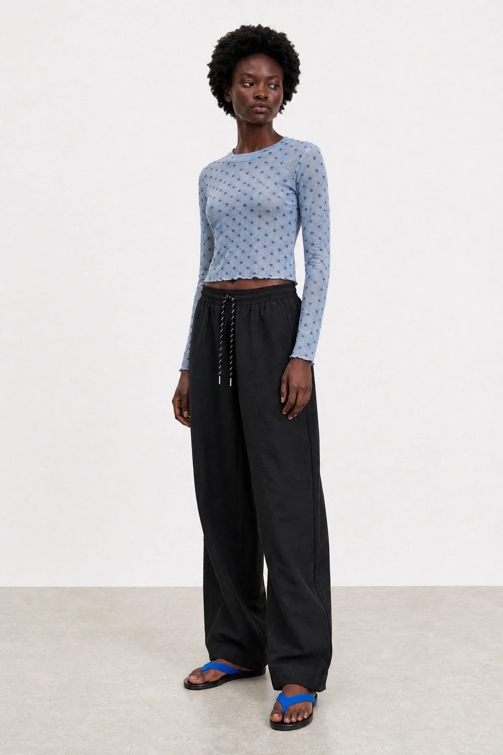 Blue and burgundy polka dot semi sheer long sleeve top