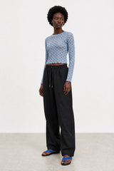 Blue and burgundy polka dot semi sheer long sleeve top