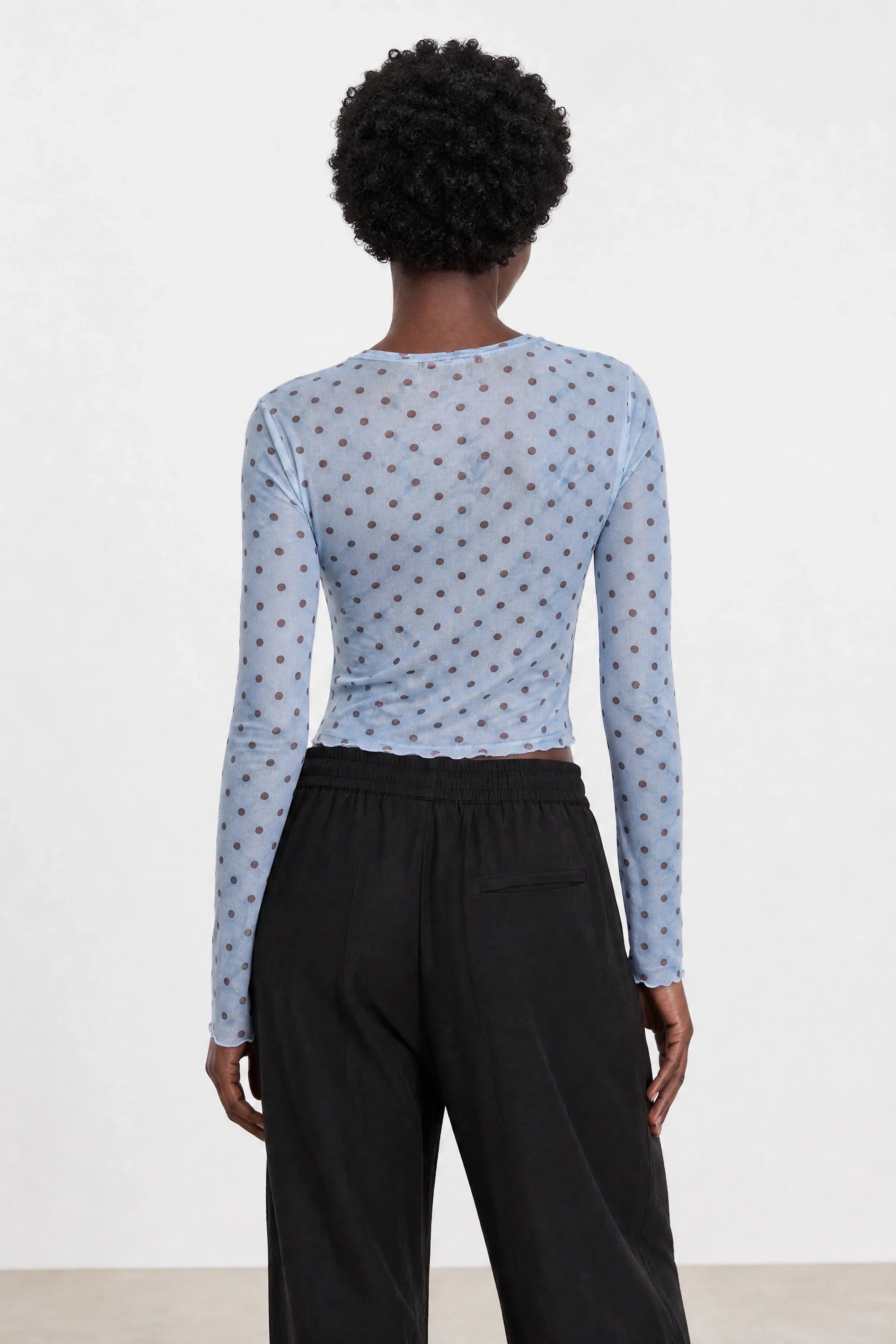 Blue and burgundy polka dot semi sheer long sleeve top