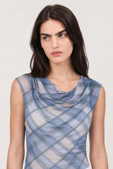 Blue and green plaid draped top