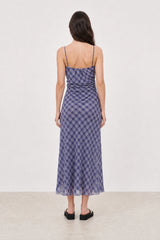 Blue and grey checked bias cut maxi dress