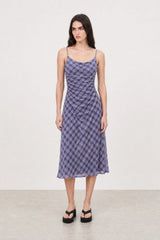 Blue and grey checked bias cut maxi dress