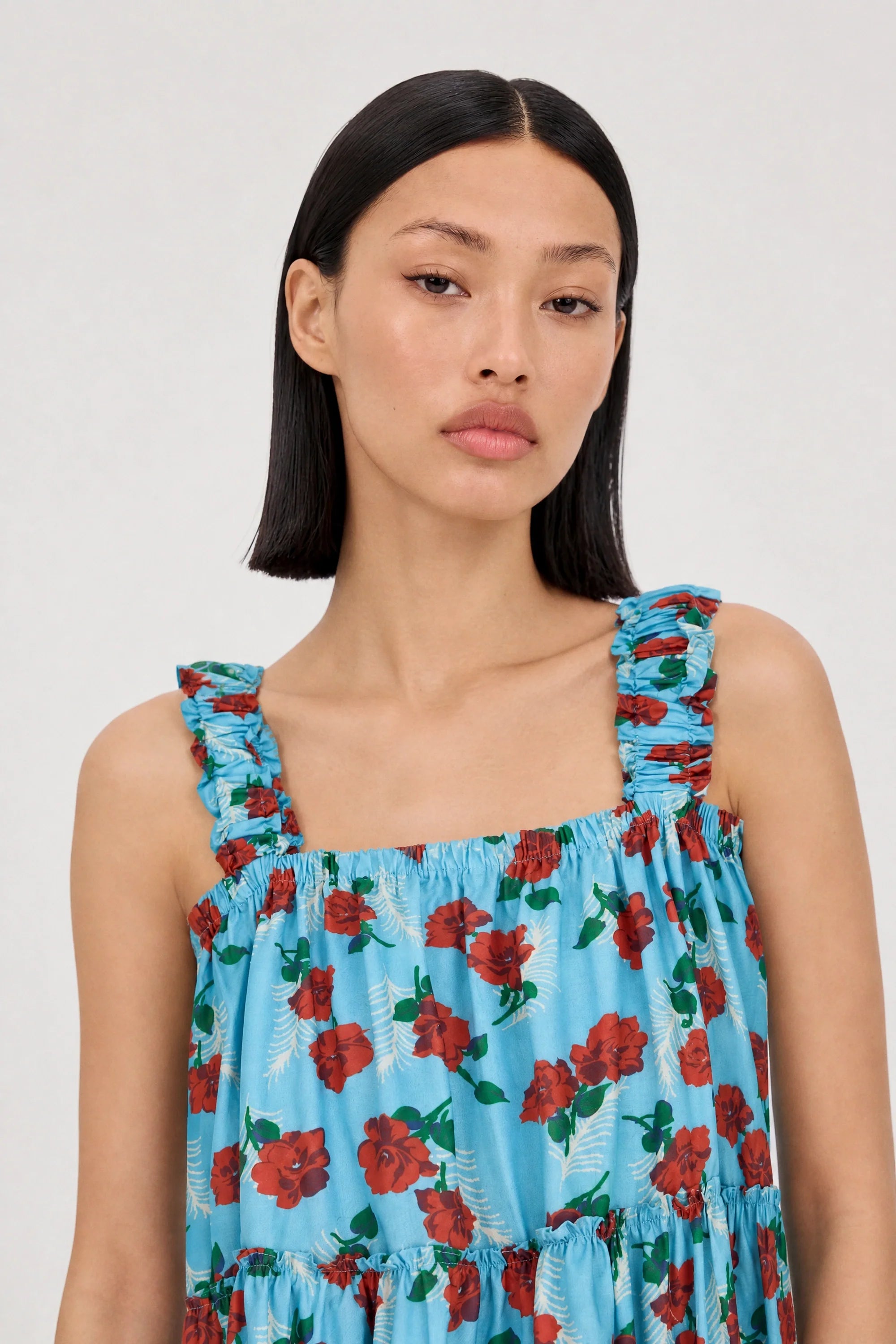 Blue and red floral print thick ruched strap mini dress