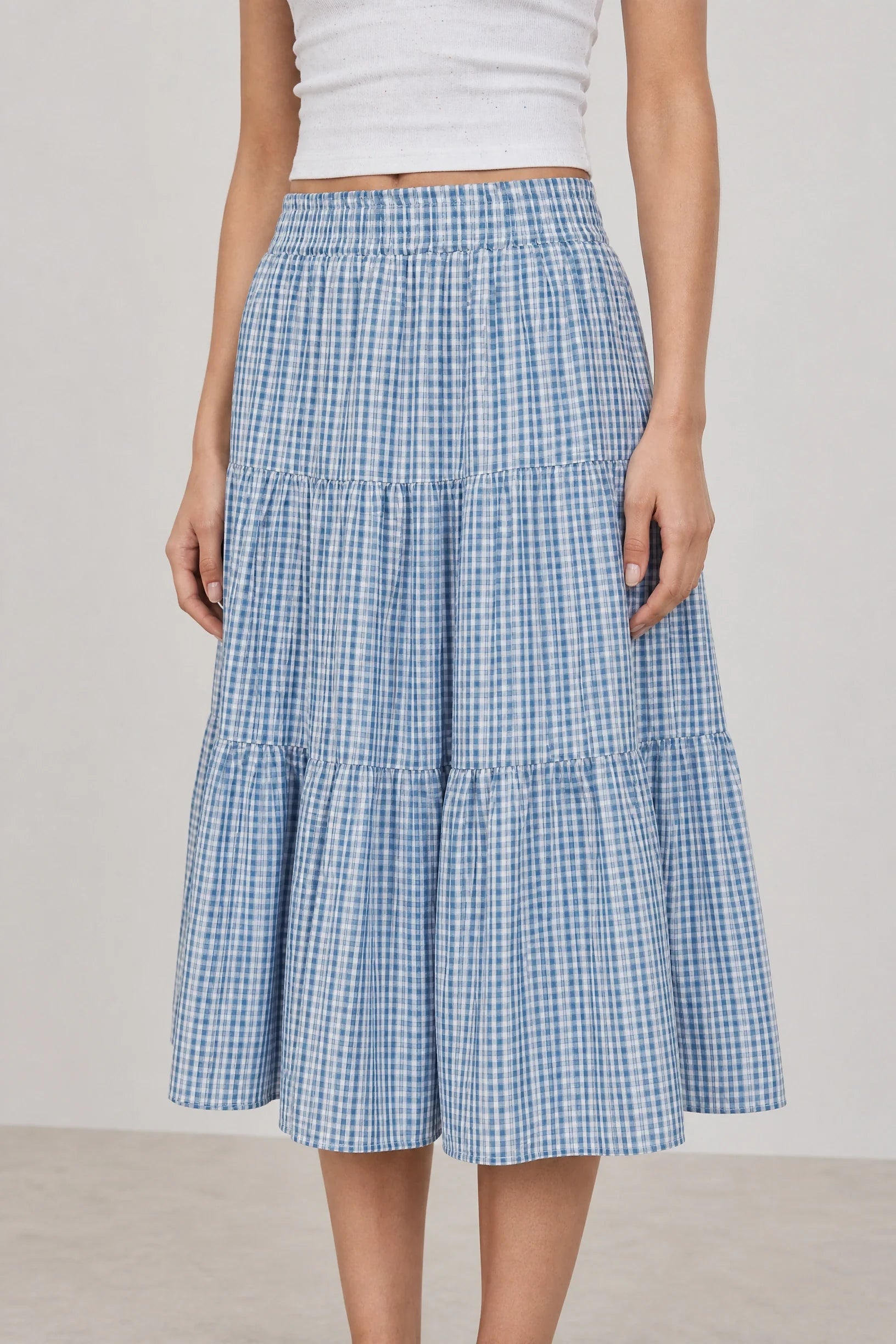 Blue and white checked tiered midi skirt