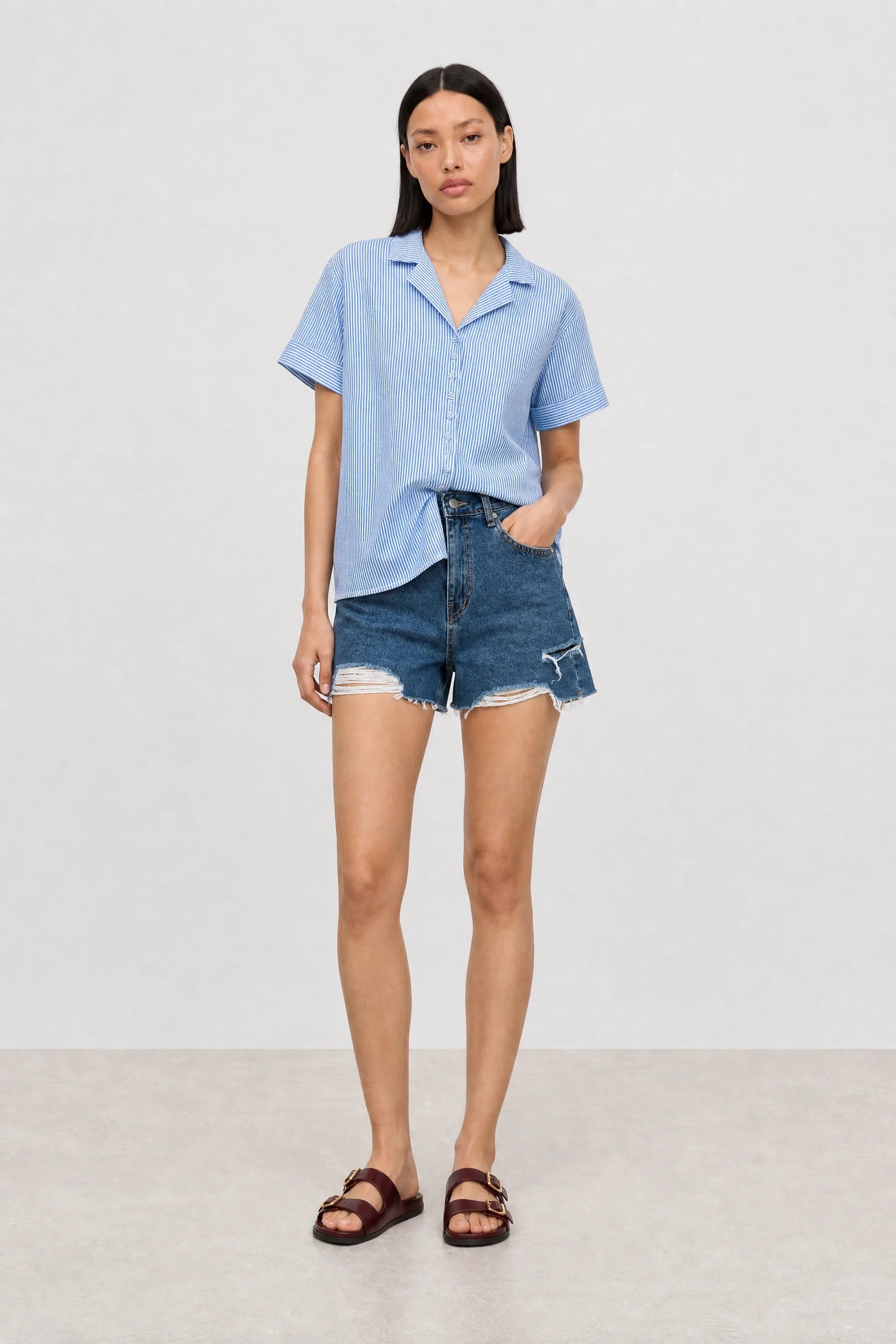 Blue and white seersucker striped shirt