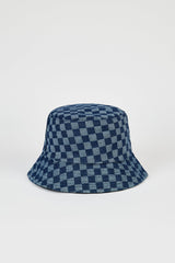 Blue denim contrast checks bucket hat
