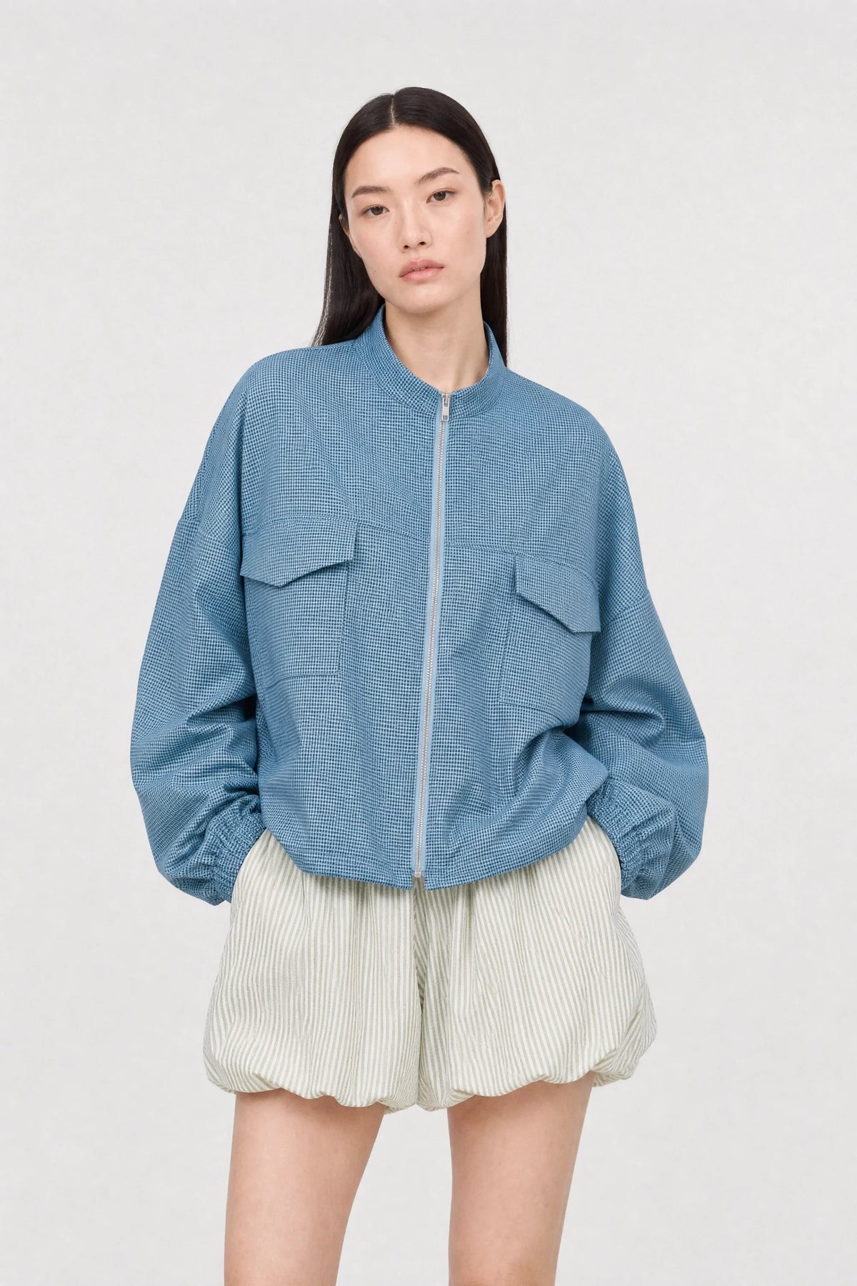 Bright blue and black tiny gingham zip jacket