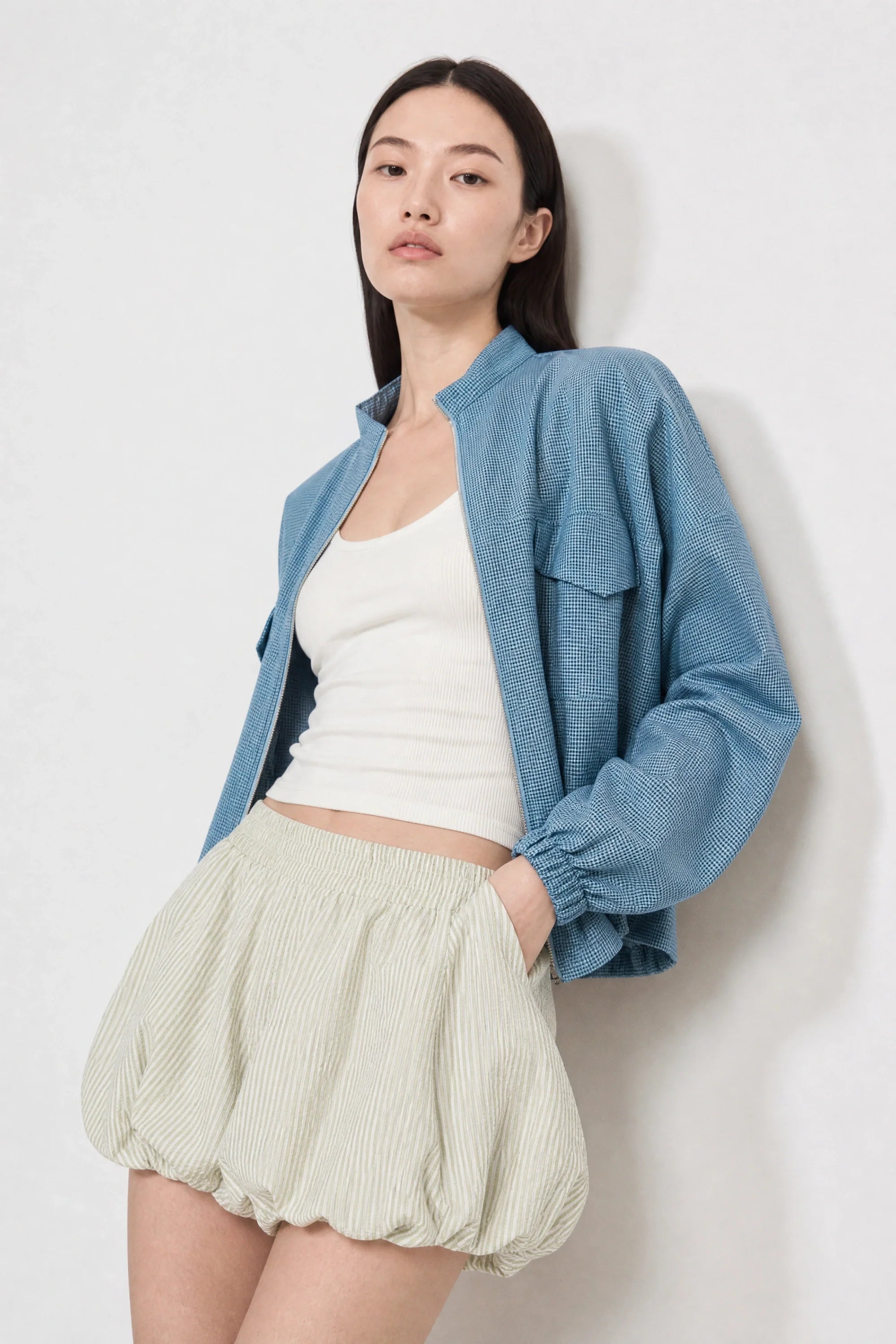 Bright blue and black tiny gingham zip jacket